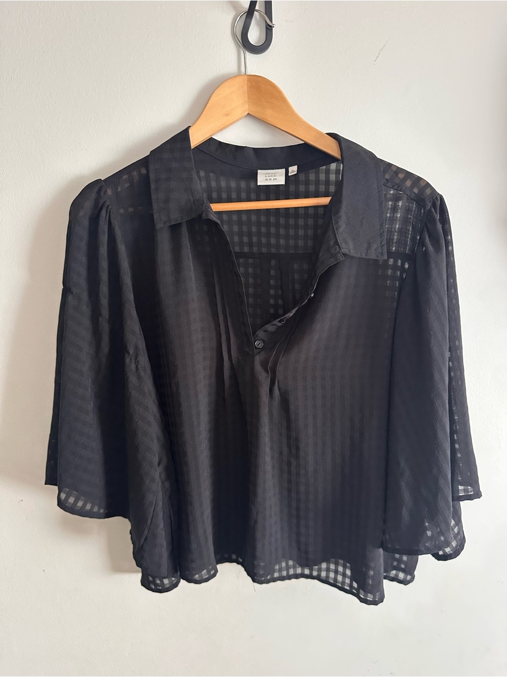 Good Luck Gem Sheer Black Button-Front Blouse Flowy sleeves XL